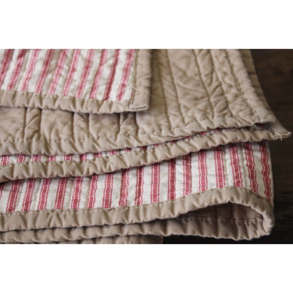 modern farmhouse barn red ticking stripe tan cotton quilt, quilted throw blanket